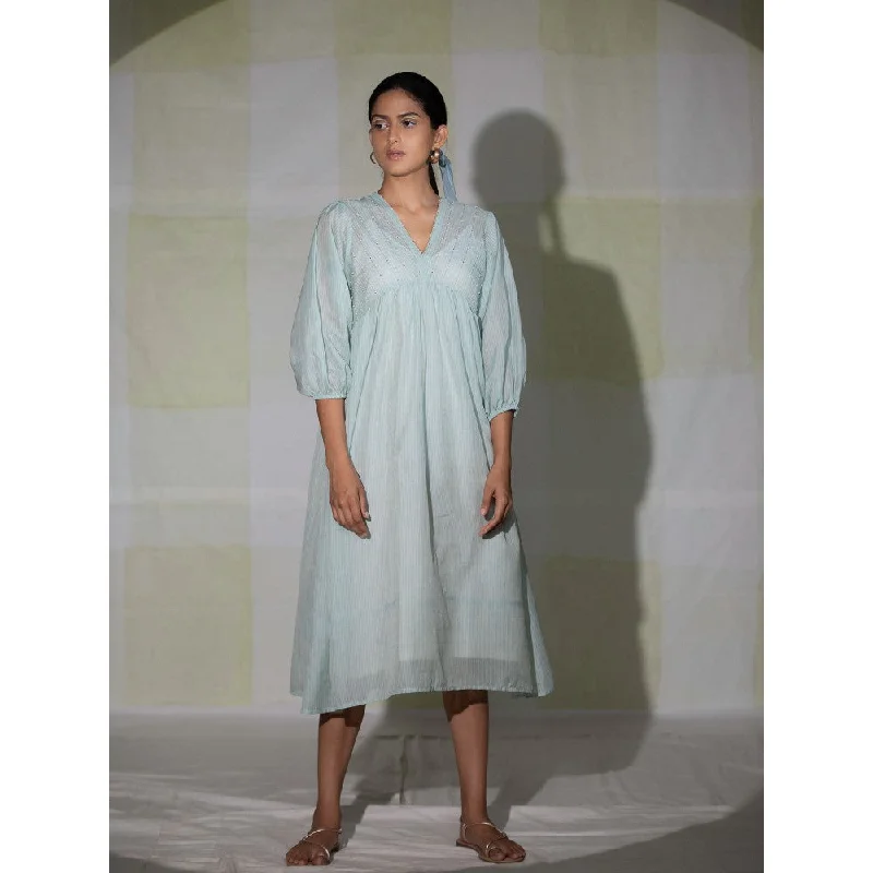 DEEPTHEE Icy Blue Hand Embroidered Gathered Dress