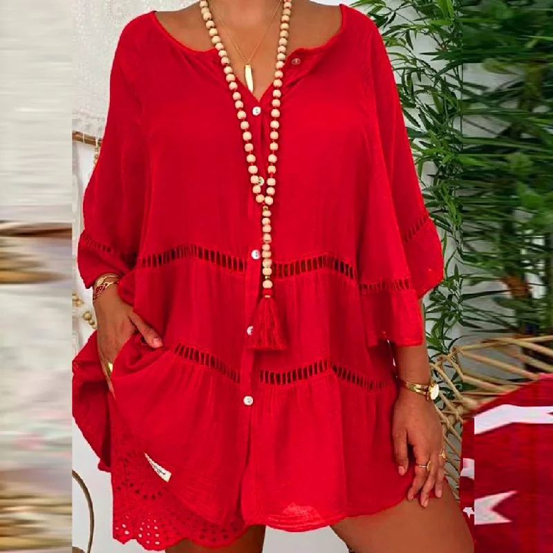 SLEEVE COTTON LINEN V NECK LOOSE BUTTON HOLLOW TOP DRESS