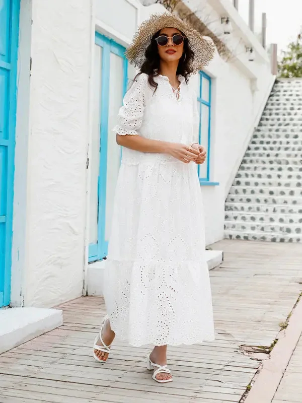Blue Zone Planet |  sweet V-neck printed bearded short-sleeved mid-length dress for women