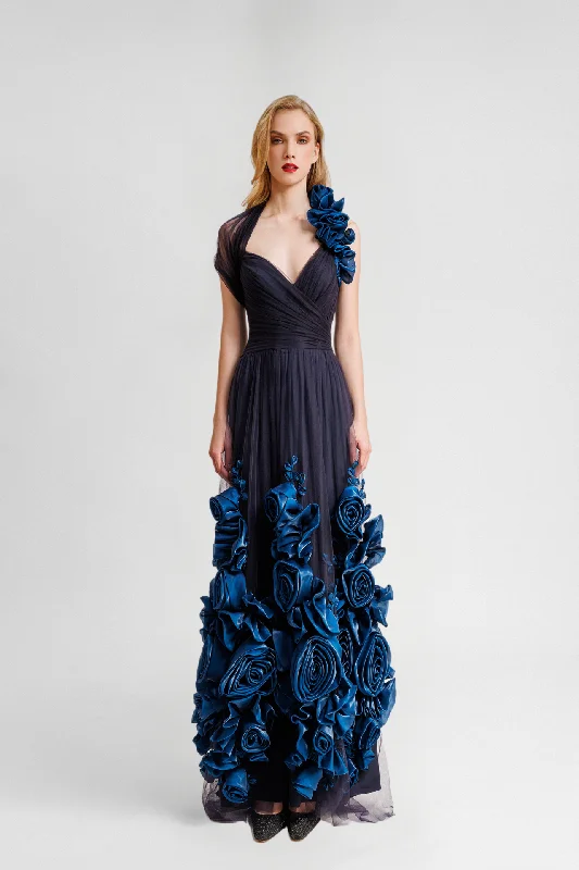 V-Neckline Floral Tulle Dress