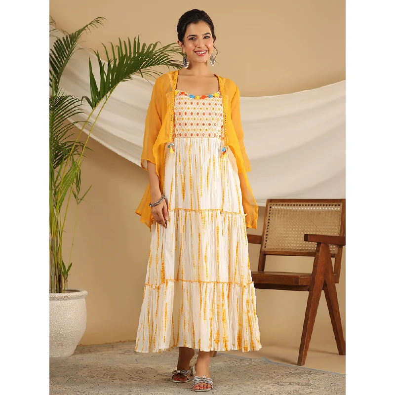 Juniper Mustard Tie-Dye Tiered & Layered Pure Cotton Dress With Mirror Work (Set of 2)