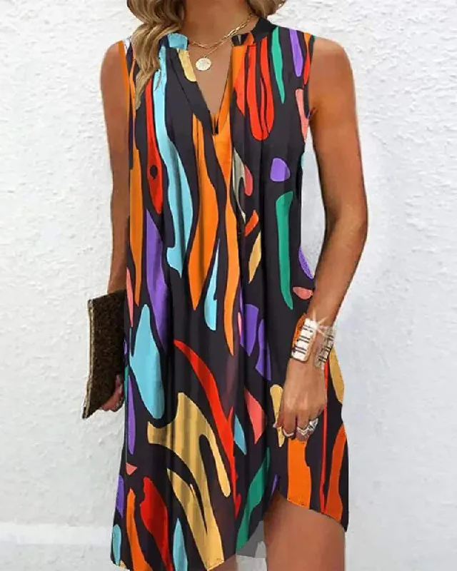 ABSTRACT PRINT NOTCH NECK RUCHED CASUAL DRESS