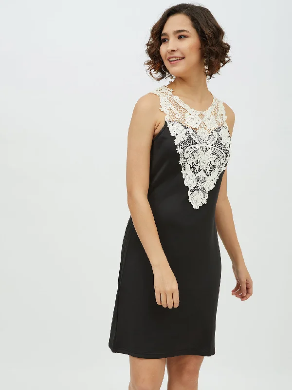 Women's Crochet Lace Black Dress - StyleStone