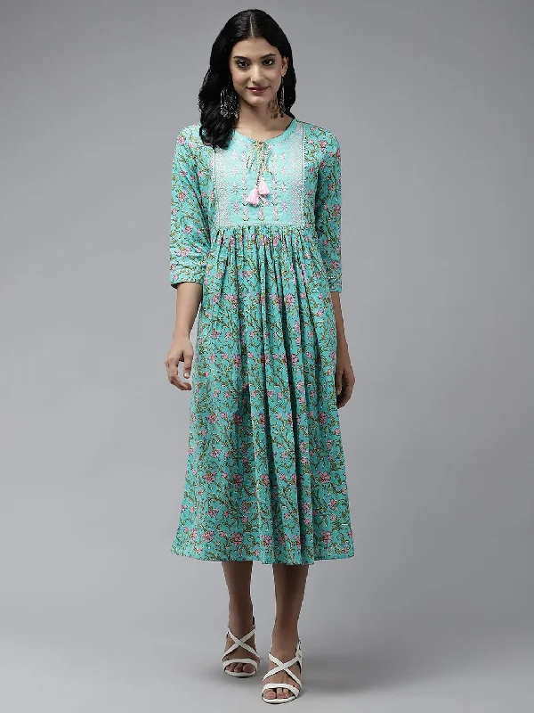 Women's Sea Green Printed Cotton Embroidered Fit And Flare Dress - Yufta