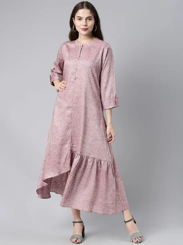 Women's Pink Cotton Blend Geometric Printed Dress  - Ahika