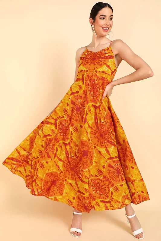 Women's Orange Cotton Tie And Dye Printed Dress  - Ahika