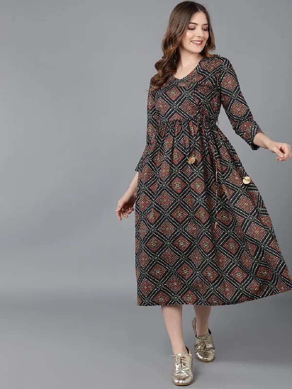 Women's Black Cotton Ethnic Motifs Printed Dress  - Ahika