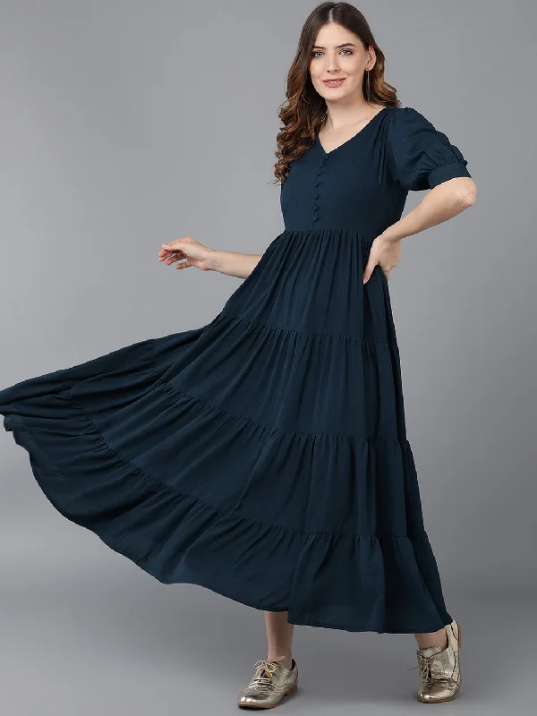 Women's Teal Crepe Solid Printed Dress  - Ahika