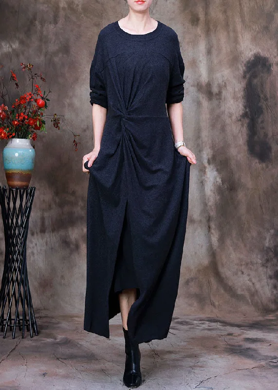 Art Dark Grey O-Neck side open Asymmetrical Velour long Dresses Spring Tunics Occasion special