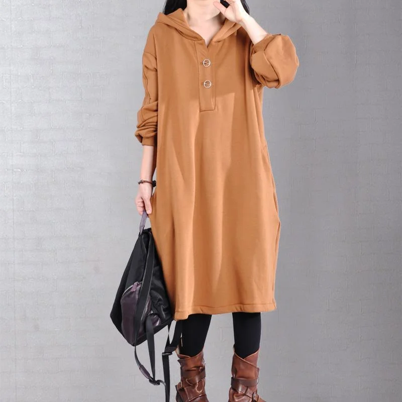Beautiful long sleeve cotton hooded Tunics Outfits khaki long Dresses Tunics Long Elegant