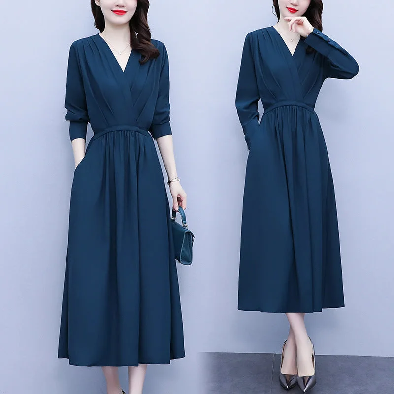 NiDELL . Autumn High-End Long-Sleeved plus Size Women's Clothing Chubby Girl's Dress Waist Slimming Lace-up V-neck Temperament Long Dress Women Tunics Vintage classic