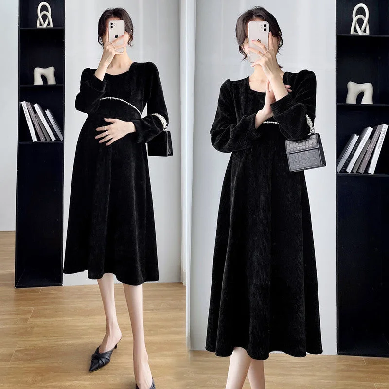 NiDELL Maternity Clothes Autumn and Winter . New Trendy Mom Slim Fit Long Dress for Pregant Women Chenille High Waist Temperament Dress