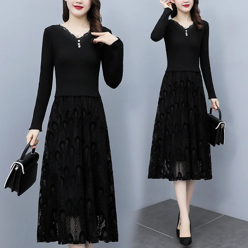 NiDELL Mid-Length Lace Long-Sleeved Dress . Spring and Autumn Knitted Younger Mom Dress Autumn and Winter V-neck Temperament Long Dress