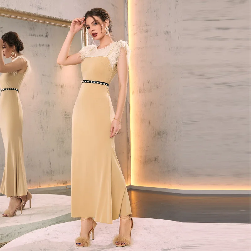 NiDELL ZG-21757-1 Fashion European and American Style Women's Clothing . New Patchwork Feather Vest High Waist Dress in Stock Tunics Silk luxurious
