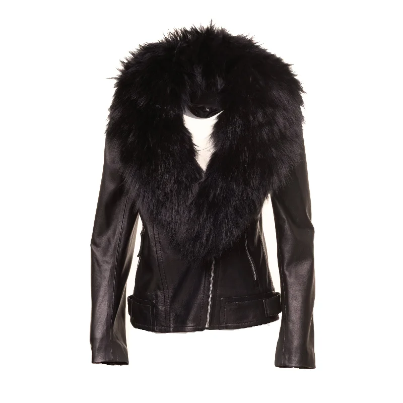 Women’s Leather Jacket With Large Black Fur Shawl Toggled Jacket Drawstring Jacket Belted Jacket Women’s Leather Jacket With Large Black Fur Shawl Toggled Jacket Drawstring Jacket Belted Jacket