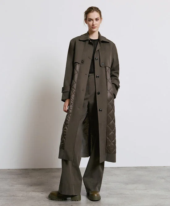 Access Fashion Olive Trench Coat With Quilted Details Stylish Full-Length Trench Coat