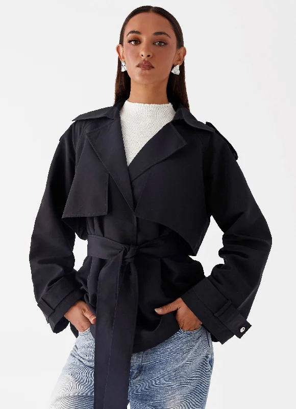Ace Of Spades Cropped Trench Coat - Black Trendy Oversized Trench Coat