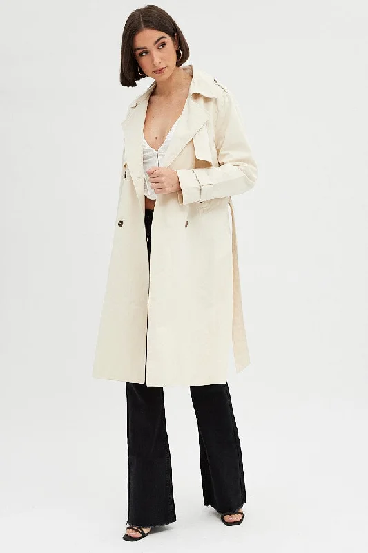 Beige Trench Coat Long Sleeves Cotton Elegant Black Wool Trench
