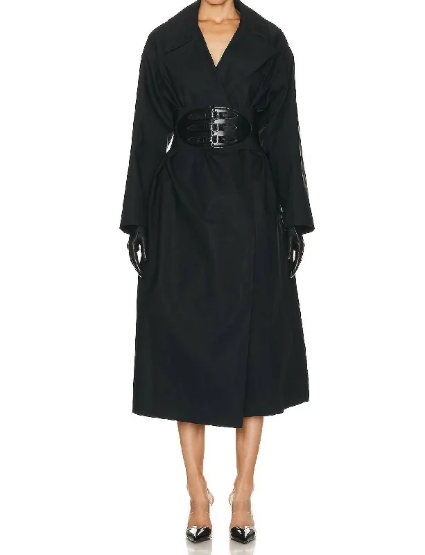 Belted Trench Coat In Noir Trendy Hooded Belted Trench