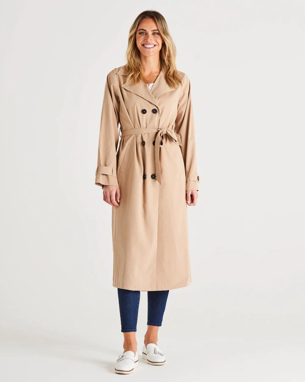 BETTY BASICS ZIMMER TRENCH COAT SAND Chic Hooded Wool Trench