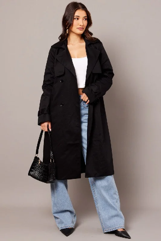 Black Trench Coat Long Sleeves Cotton Trendy Open Front Trench