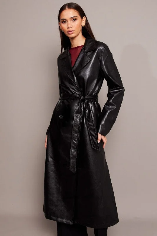 Black Trench Coat Long Sleeves Faux Leather Casual Trench Coat for Women