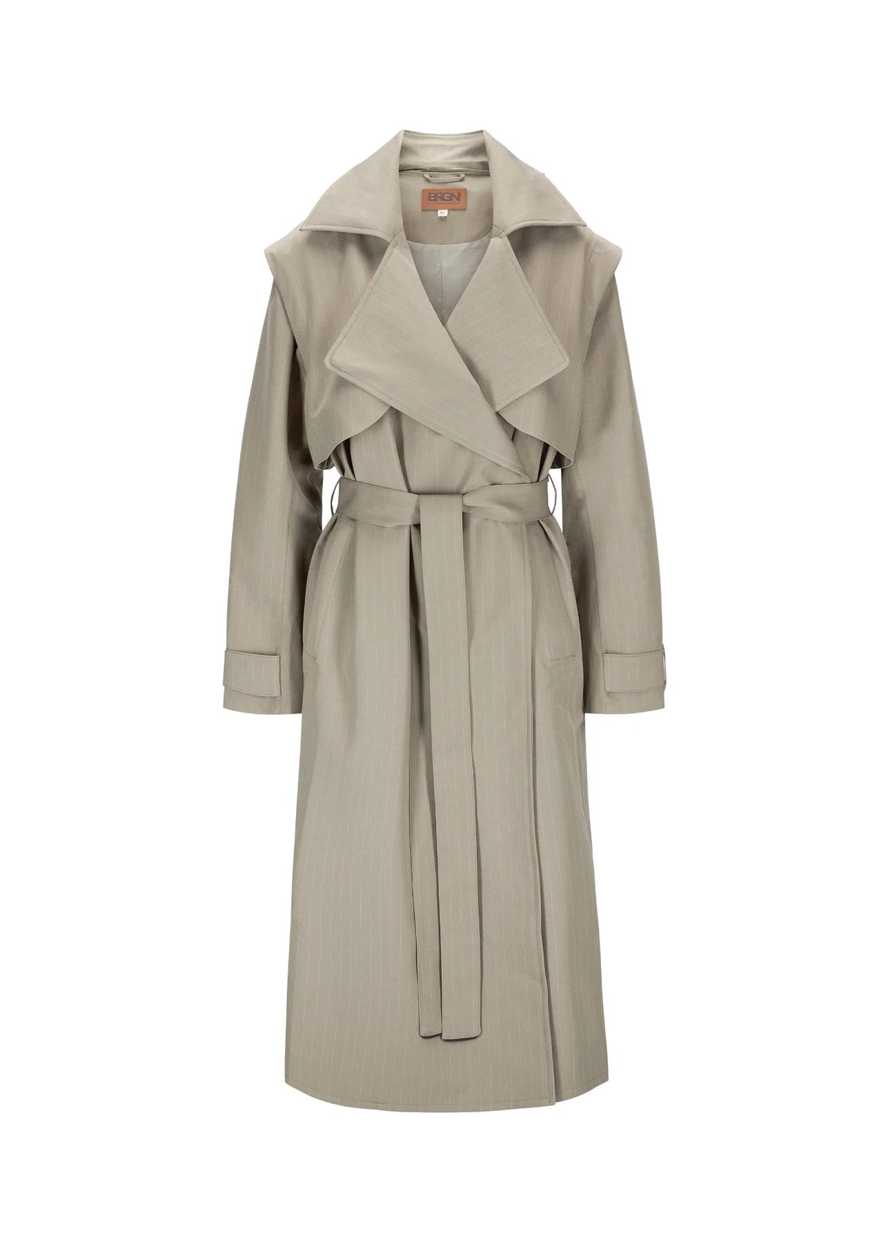 BRGN Regndrape Trench Coat Pinstripe Taupe Casual Hooded Trench Jacket