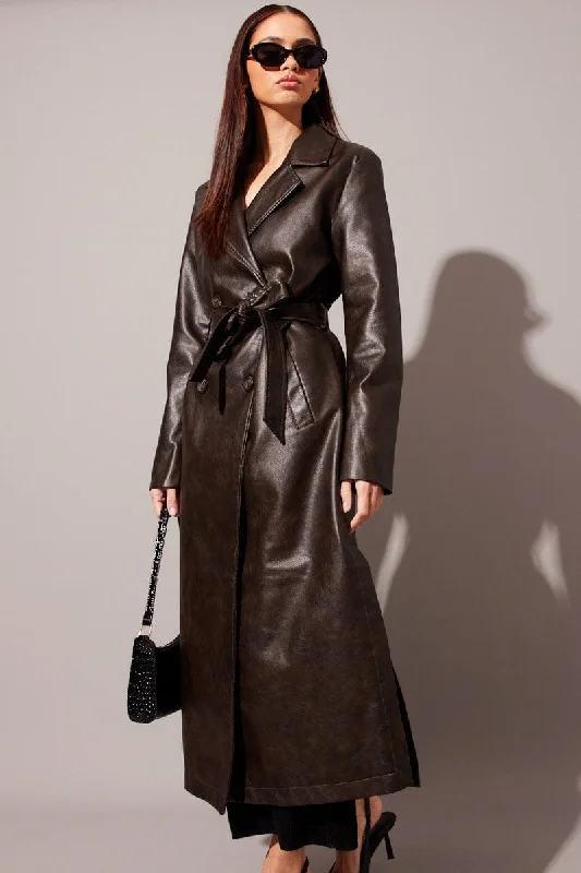 Brown Trench Coat Long Sleeves Faux Leather Comfortable Beige Trench Coat