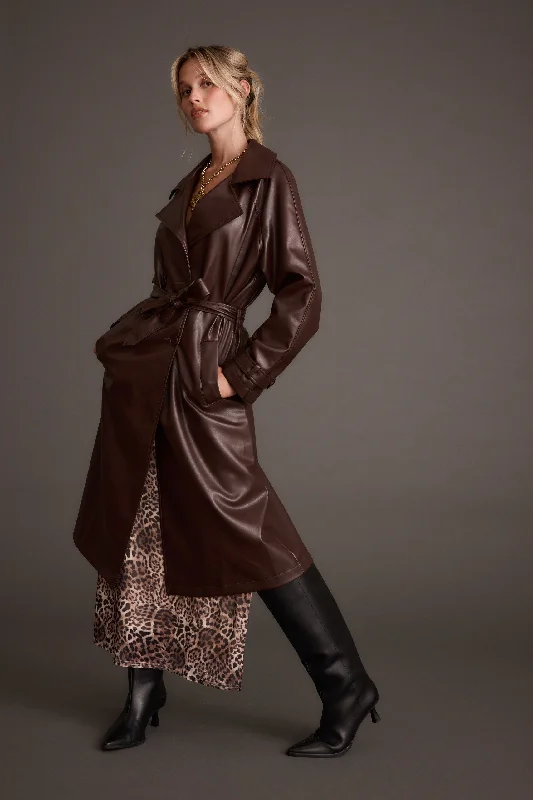 Brynne Faux Leather Mahogany Brown Trench Stylish Faux Leather Trench