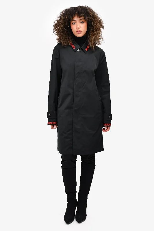 Burberry Black Cotton Red Logo Collared Trench Coat Size 44 Mens Chic Loose Fit Trench Burberry Black Cotton Red Logo Collared Trench Coat Size 44 Mens Chic Loose Fit Trench