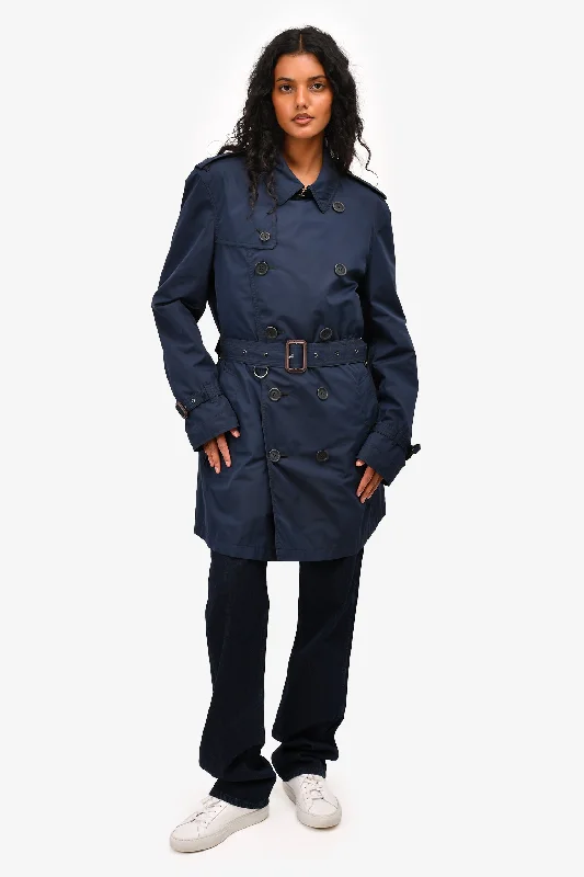 Burberry Brit Navy Nylon Belted Midi Trench Size M Modern Long Sleeve Trench