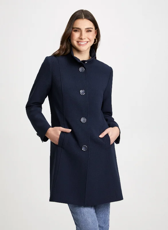Button Front Tricotine Trench Coat Comfortable Long Wool Trench