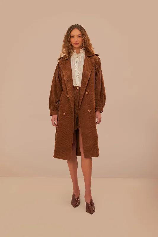 Caramel Corduroy Trench Coat Fashionable Pleated Trench Coat