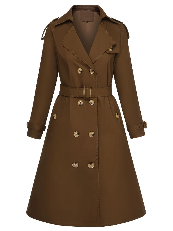 Coffee 1950s Buttoned Lapel Trench Coat Modern Military Style Trench