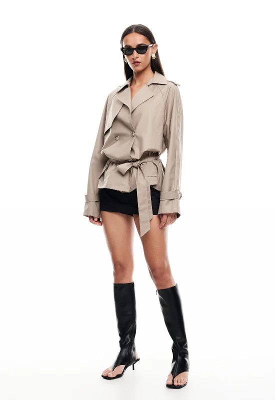 CROPPED TRENCHEROUS COAT - MUSHROOM Trendy Hooded Belted Trench