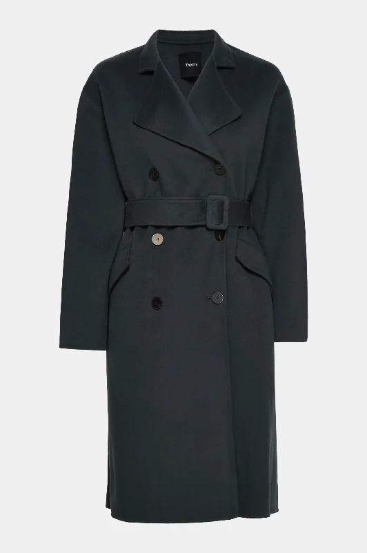 Double Belted Trench Coat in Lead Warm Wool Blend Trench