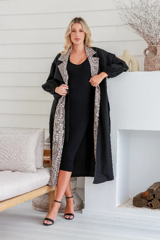 Dreamhouse Gingham Trim Trench Black Casual Oversized Trench Coat