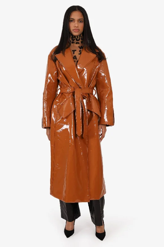 Ellery Brown Vinyl Trench Coat Size 10 Trendy Wide-Cuff Trench Coat