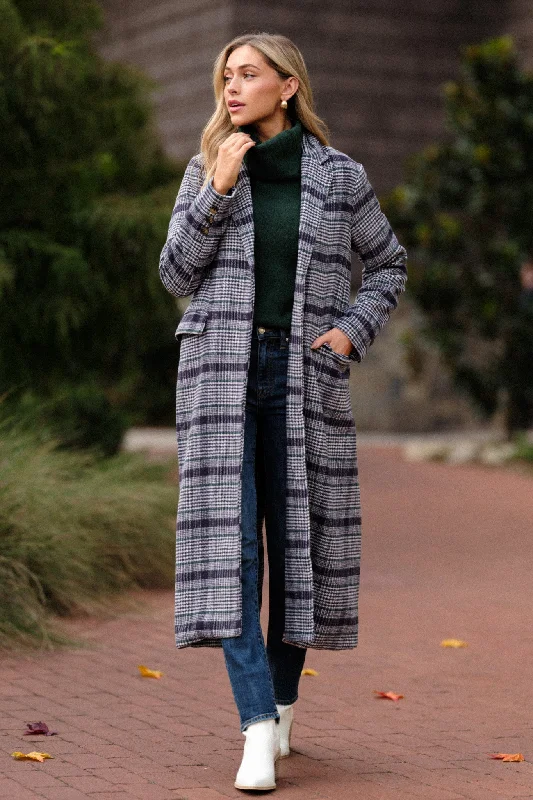 Fireside Chats Navy Plaid Trench Coat Elegant Button-Up Trench Coat
