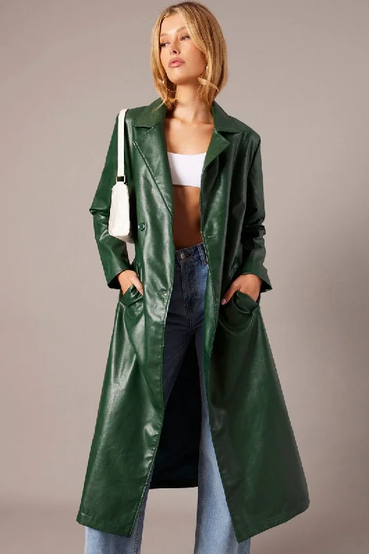 Green Trench Coat Long Sleeves Faux Leather Warm Long Sleeve Trench