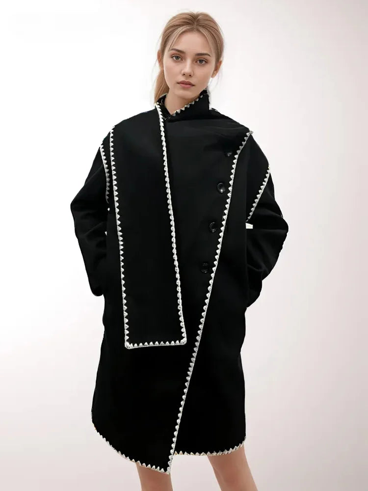 Hit Casual Irregular Black Stand Long Spliced Single Trench Coat Stylish Full-Length Trench Coat