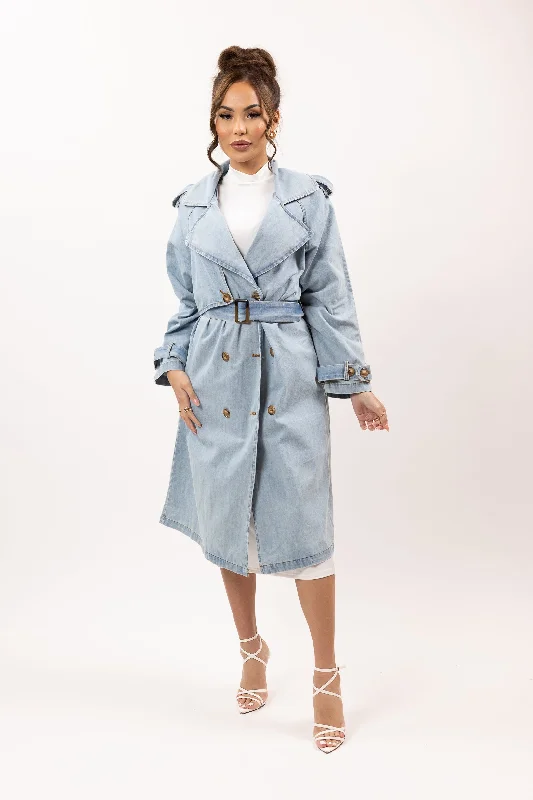 Light Denim Trench Coat Warm Plaid Trench Jacket