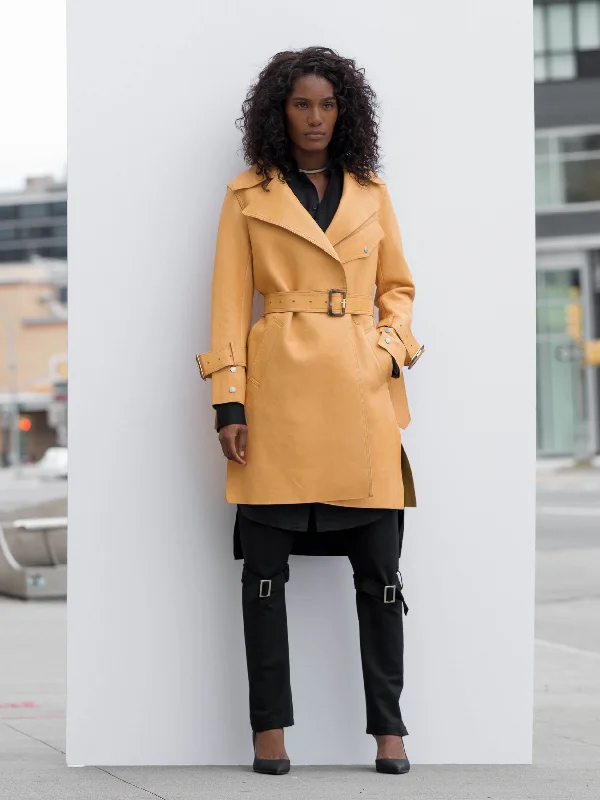 Matrix Yellow Leather Trench Coat With Pocket Chic Wool Blend Trench