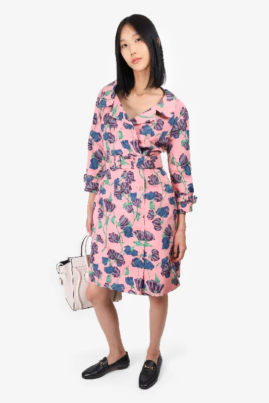 Prada Pink Silk Floral Trench Coat Size 40 Warm Plaid Wool Trench