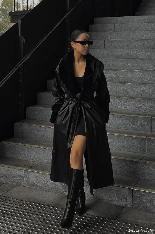 Rebekah Oversized Pu Trench Coat With Fur Trim - Black Comfortable Lightweight Trench Coat