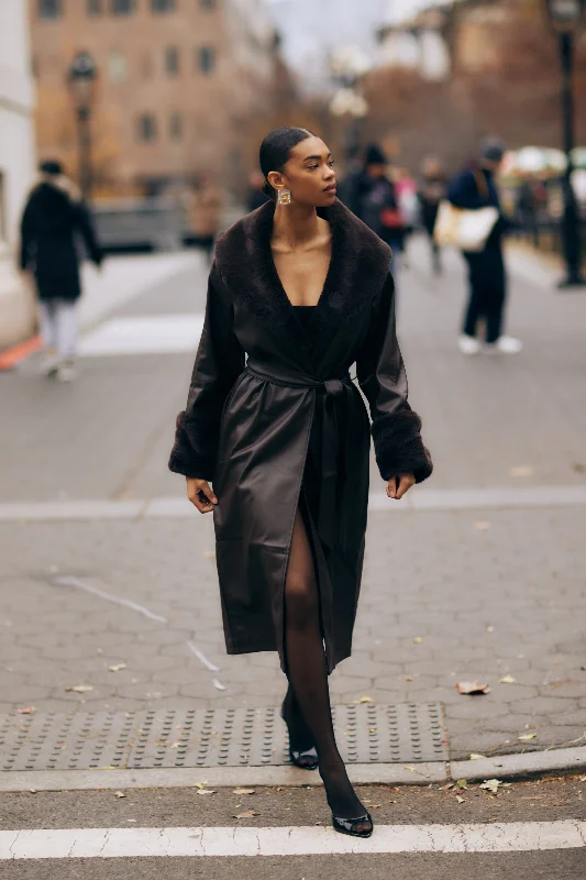 Rebekah Oversized Pu Trench Coat With Fur Trim - Dark Brown Elegant Camel Trench Coat