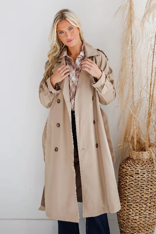 See The City Tan Trench Coat Casual Hooded Trench Jacket