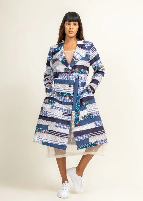 Sky Patchwork Trench Casual Oversized Trench Coat