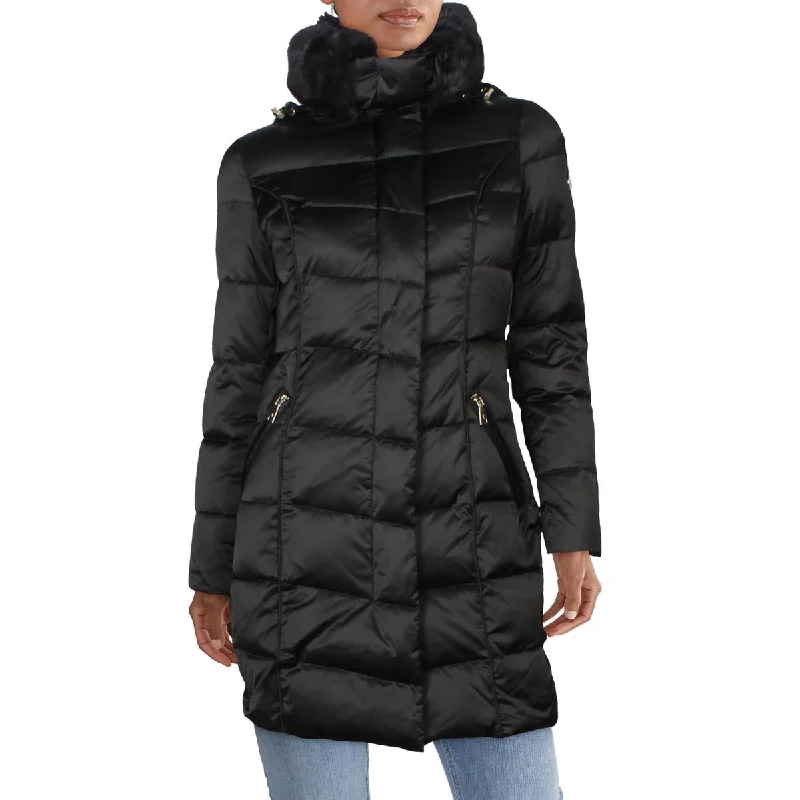 Tahari Womens Quilted Midi Puffer Coat Vegan Leather Trench