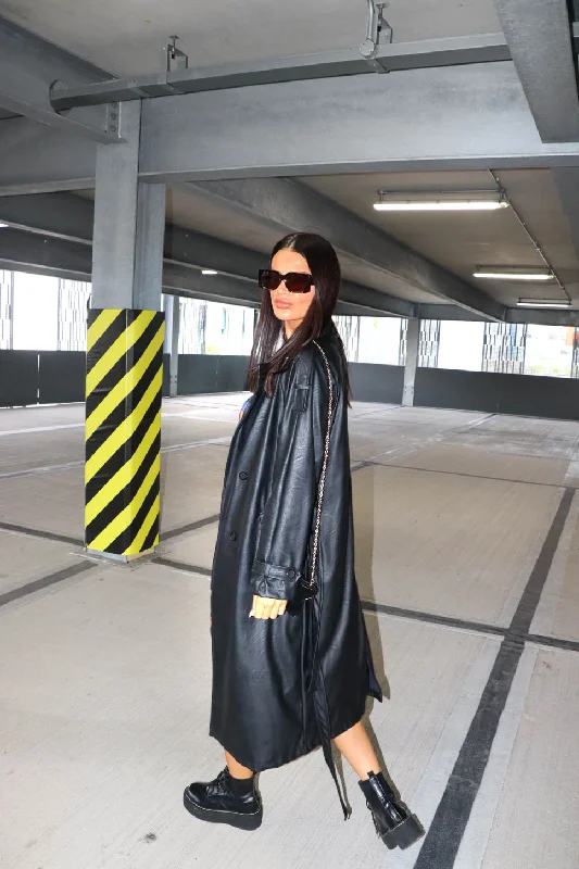 Trench Kisses - Black Faux Leather Trench Coat Elegant Trench Coat for Fall
